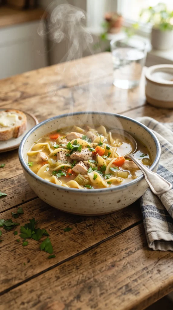 Steaming hot chicken noodle soup served in a speckled ceramic bowl with a spoon, placed on a rustic wooden table next to a slice of buttered bread.