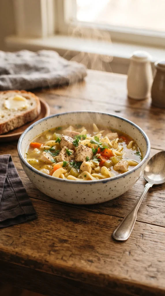 A close-up of a hearty chicken noodle soup with fresh herbs, carrots, and celery in a ceramic bowl on a wooden tabletop with a spoon beside it.